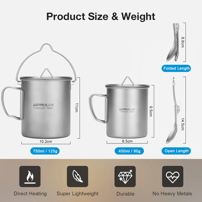 Astrolux Ti-M1 Titanium Mug Titanium Pot Lightweight Camping Pot Titanium Cup Titanium Backpacking Pot with Portable Foldable Handles for Outdoor Camping Hiking Backpacking