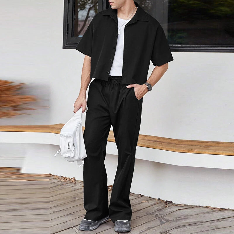 INCERUN Men Two Pieces Set Fashion Solid Color Short Shirt + Pants Summer Casual Daily Mens Clothing Set