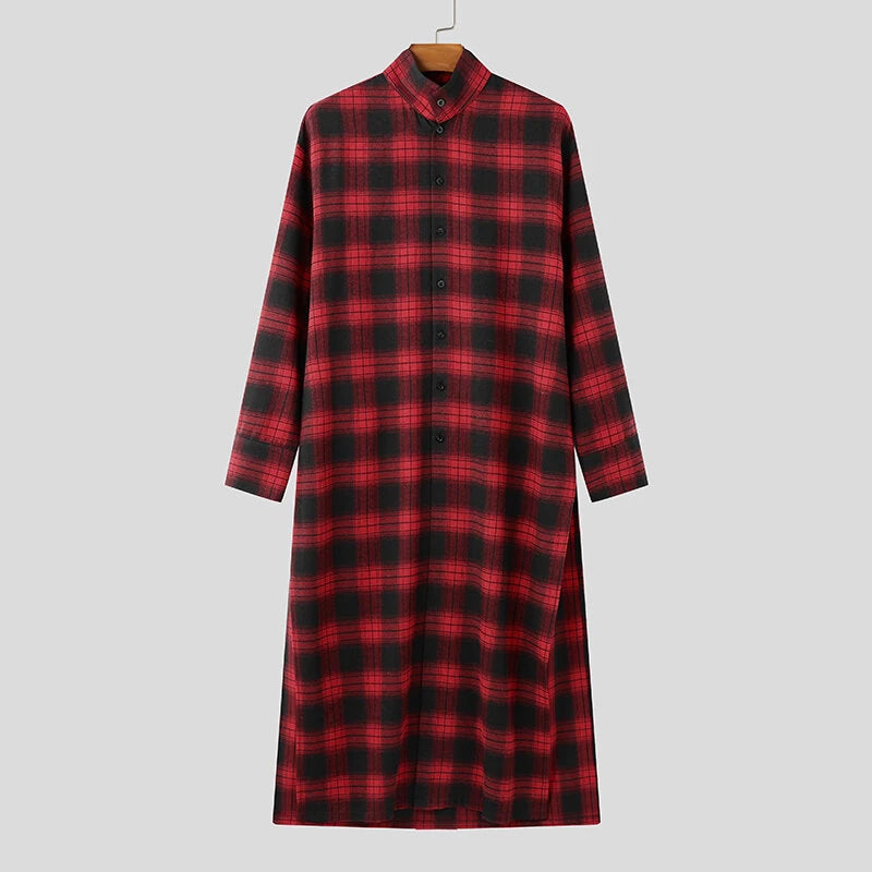 INCERUN Mens Plaid Patchwork Long Sleeve Shirt Fashion Classic Checkered Lace Up Strap Long Shirt for Men