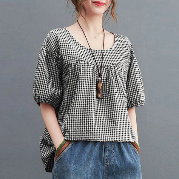 ZANZEA Women Plaid Blouses Shirt Trendy Casual Round Neck Top with Pleats Short Lantern Sleeves Shirt Loose Fit