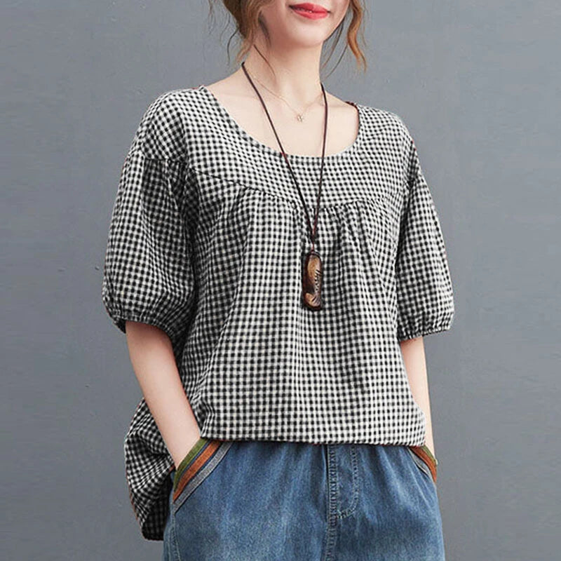 ZANZEA Women Plaid Blouses Shirt Trendy Casual Round Neck Top with Pleats Short Lantern Sleeves Shirt Loose Fit