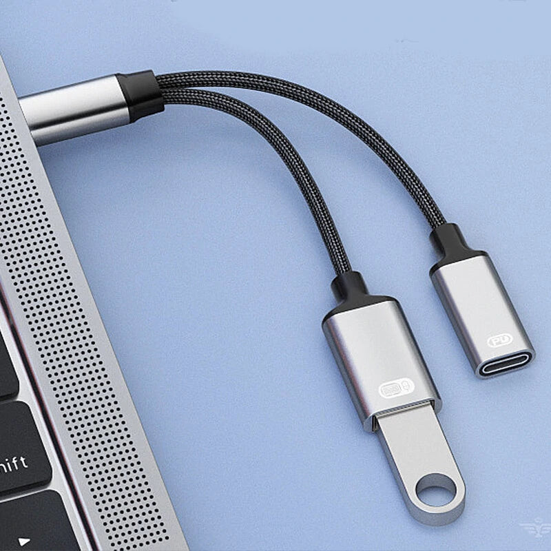 2 in 1 Type-C Cable Splitter USB-C to USB2.0 PD3.0 Adapter OTG Convertor for Laptop Computer Phone