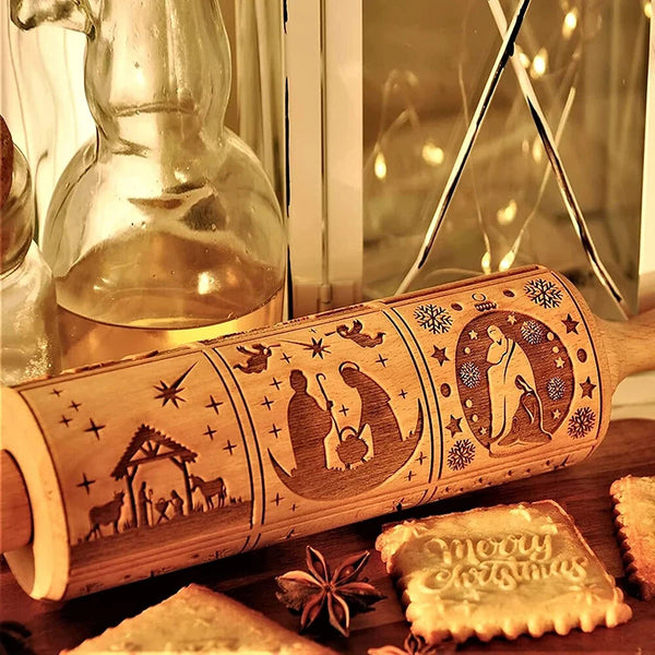 Wooden Embossed Rolling Pin Nativity Pattern Xmas Christmas Wooden Engraved Embossing Rolling Pin with 9 Different Scene for Baking Embossed Cookies