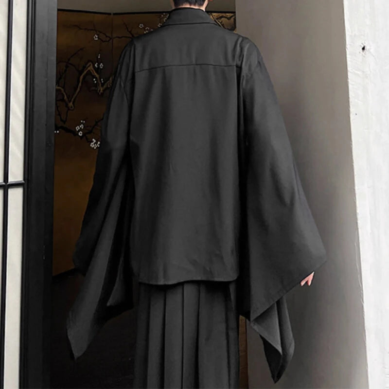 INCERUN Men's Casual Black Shirt, Button Up Long Sleeve Shirt, Chic Retro Lapel Loose Batwing Sleeve Shirt for Men