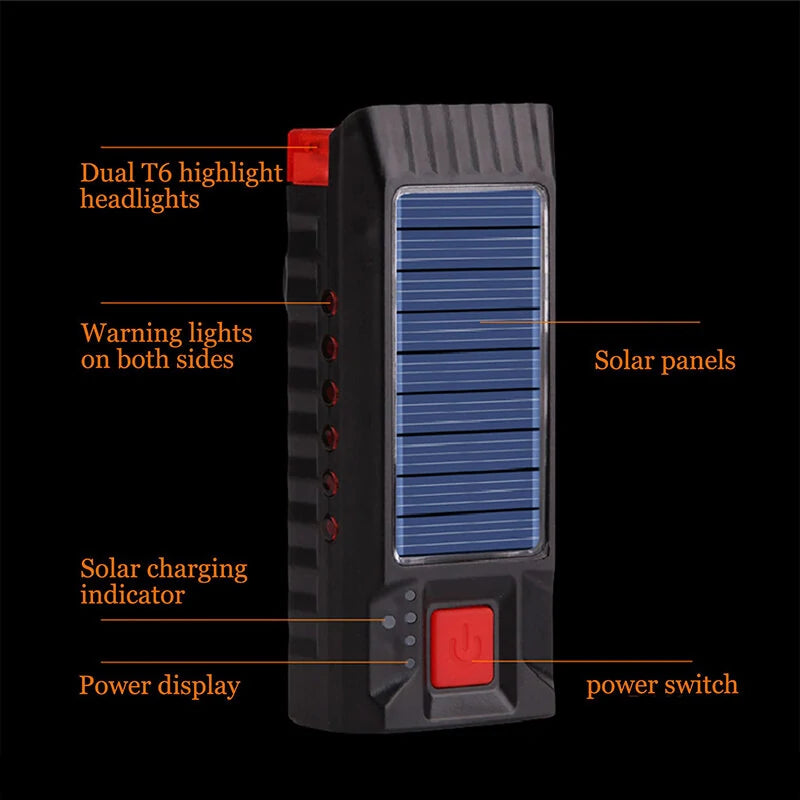 Solar Rechargeable Bike Headlight LED Super Brightness 4000mAh Battery Waterproof 4 Light Modes Warning Flashlight with 120dB Horn for Night Cycling