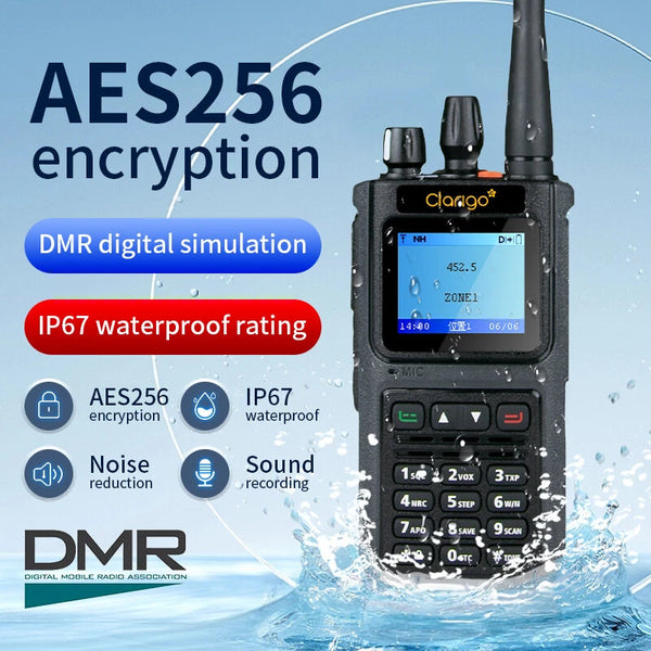 Clarigo DP999 5W 10W DMR Digital Two-Way Radio UV Dual Band AES256 Encryption IP67 Waterproof 3000 Channels 3000mAh Battery Noise Reductions Long Range Secure Communication Walkie Talkies