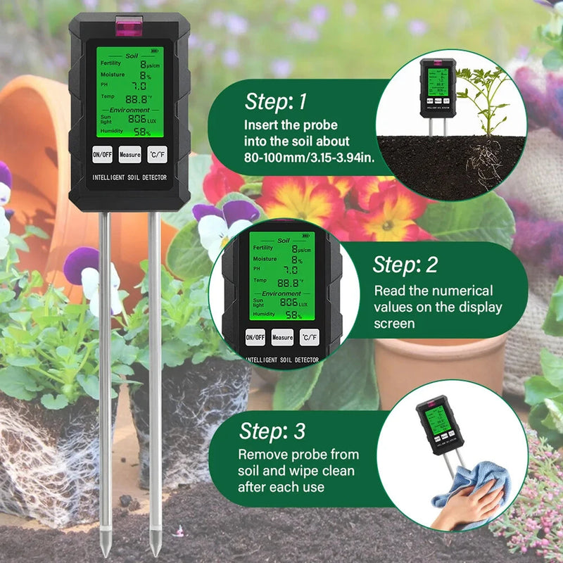 6 in 1 Digital Soil Tester PH Meter Fertility Soil Moisture Sunlight Ambient Humidity Temperature Monitor Detector Garden Soil Analyzer