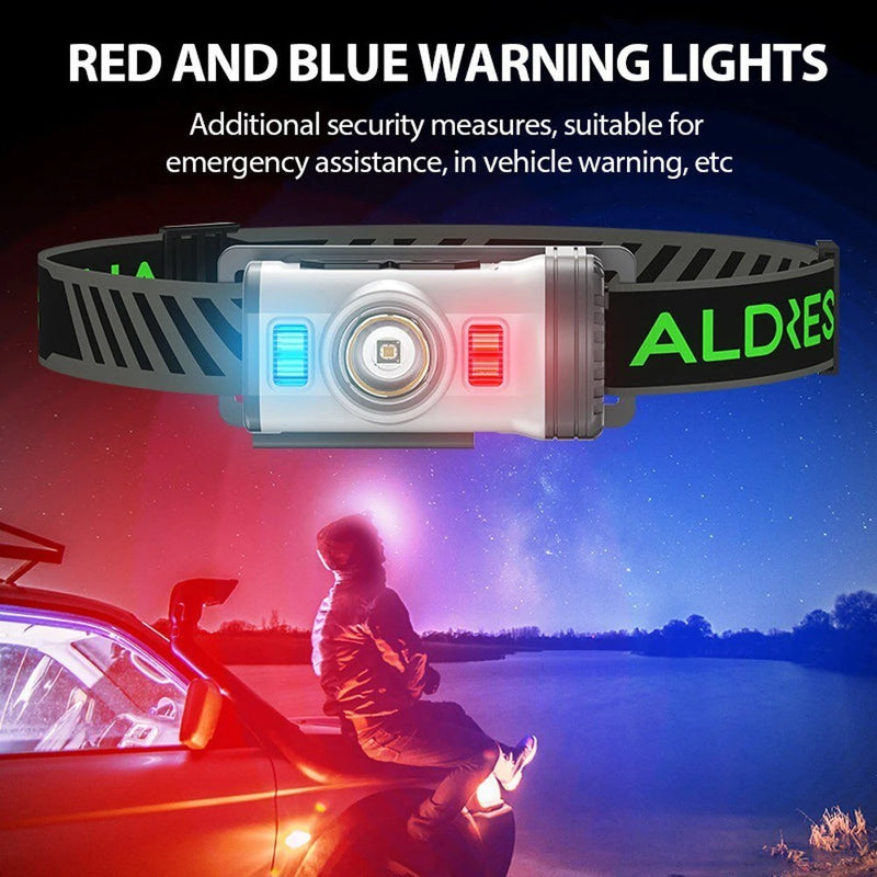 Motion Sensor Smart LED Headlamp Rechargeable Flashlight Red and Blue Warning Headlight Portable Clip-on Cap Light with 8 Lighting Modes for Outdoor Camping Hiking Fishing Running