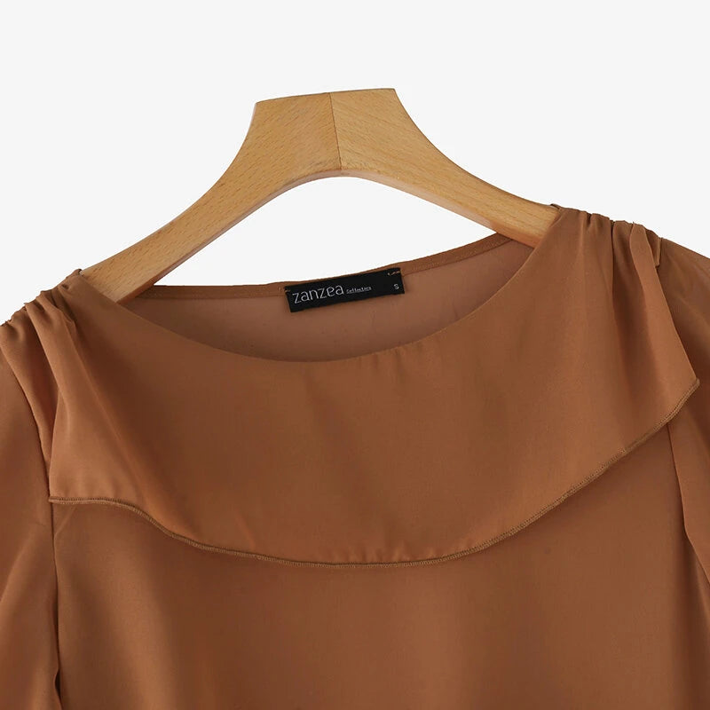 ZANZEA Women's Blouse Elegant Ruffle Sleeve Solid Crew Neck Plain Summer Shirt Pullover Top