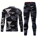 TENGOO Men's Thermal Set, Long Johns Set, 2 Pcs Letter Print Compression Thermal Base Layer Set, Moisture Wicking & Breathable Basic Long Sleeve & Leggings Men Warm Underwear Set, Men's thermal clothing For Outdoor Skiing Running