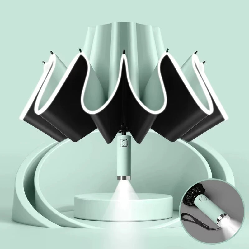 Automatic Folding Reverse Sun Umbrella Upgraded Windproof Design with Reflective Strip LED Light Convenient Handle Rainproof