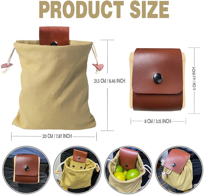 IPRee Foldable Large Capacity Canvas Belt Bag, Pouch, PU Leather Canvas Drawstring Foraging Pouch for Travel Camping Hiking Bag