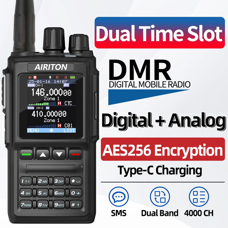 AIRITON DM-168 DMR Digital Analog Dual Mode Walkie Talkie 4000 Channels AES256 Encryption Type-C Rechargeable VHF UHF Dual Band Professional Two Way Radio