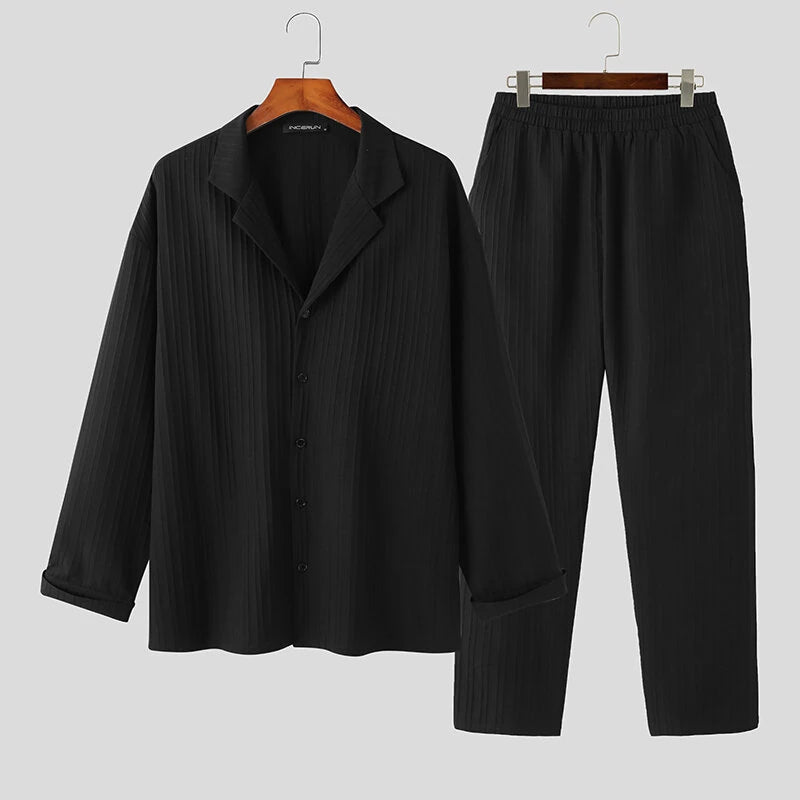 INCERUN Men Sets Solid Color Fashion Lapel Long Sleeve Shirt & Pants 2PCS Pleated Loose Streetwear Men Casual Suits S-5XL