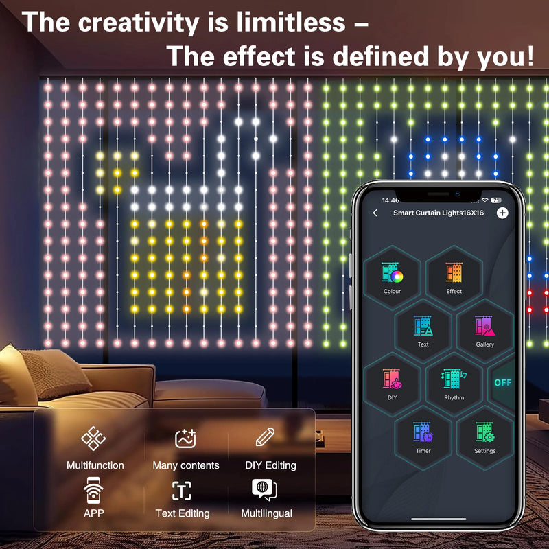 iDeal LED Control Intelligent Colorful Point Control Curtain Light 160x160cm Smart Curtain Lamp 256PCS RGB Lamp Bead IP65 Waterproof