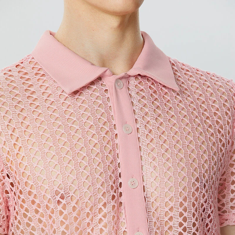 INCERUN Mens Shirts Solid Color Hollow Out Lapel Top Shirts Summer Cool Party Top Fashion Male Clothing