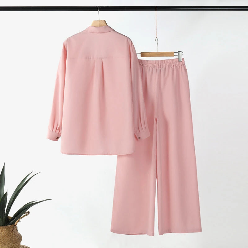 ZANZEA Women Suits - Long Sleeve Lantern Sleeve Elastic Waist Pants Wide Leg Pants with Pockets Casual Tops Trousers Two-Piece Set Plus Size