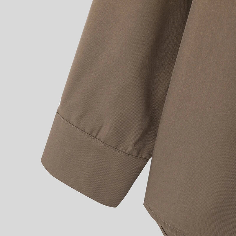 INCERUN Mens Tie Design Long Sleeve Shirt Casual Solid Color Fashion Design Men Top Loose Fit