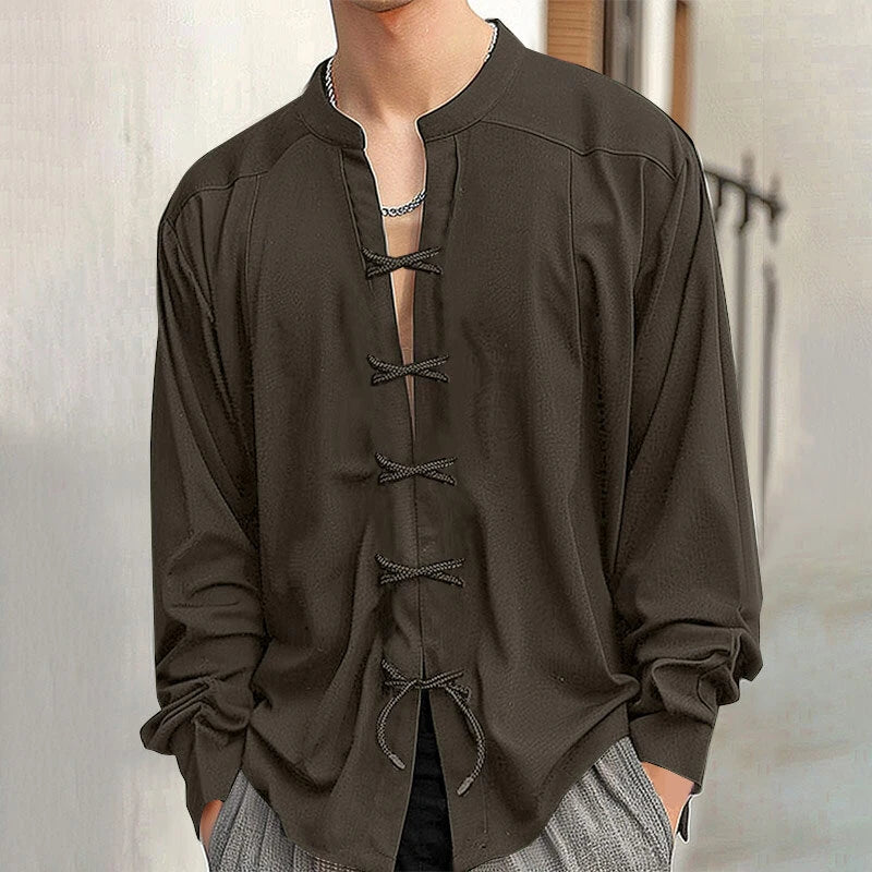 INCERUN Mens V Neck Long Sleeve Shirt Fashion Solid Color Lace Up Top Shirt for Male
