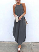 Women Sleeveless Straps High Low Hem Solid Causal Maxi Dress