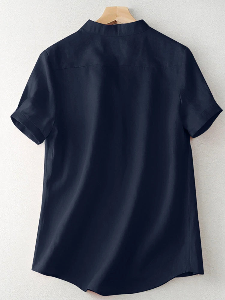 Cotton Solid Button Short Sleeve V Neck Casual Blouse