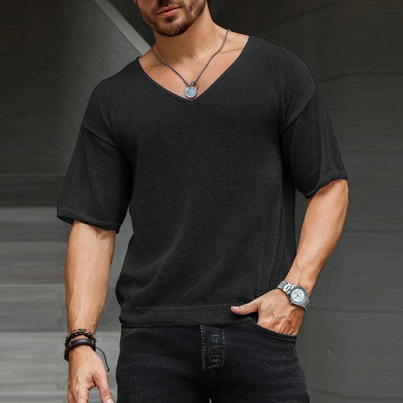 INCERUN Mens Solid V-Neck Short Sleeve T-Shirt Fashion Comfortable Fabric See-through Tshirt for Men