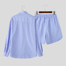 INCERUN Mens Fashion Striped Loose Two Pieces Outfit Comfortable Long Sleeve Shirt & Short Two-piece Suits