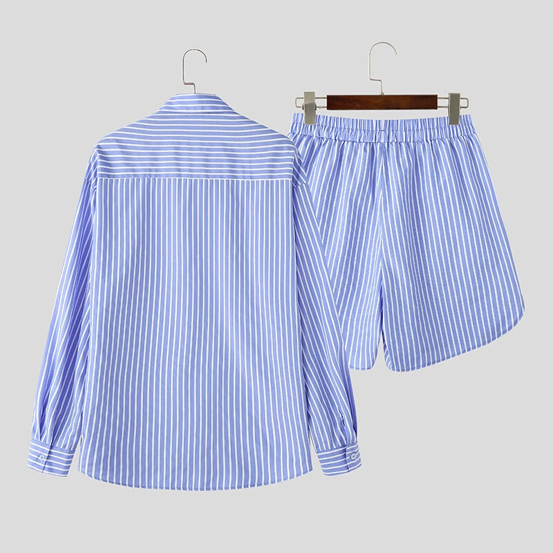 INCERUN Mens Fashion Striped Loose Two Pieces Outfit Comfortable Long Sleeve Shirt & Short Two-piece Suits