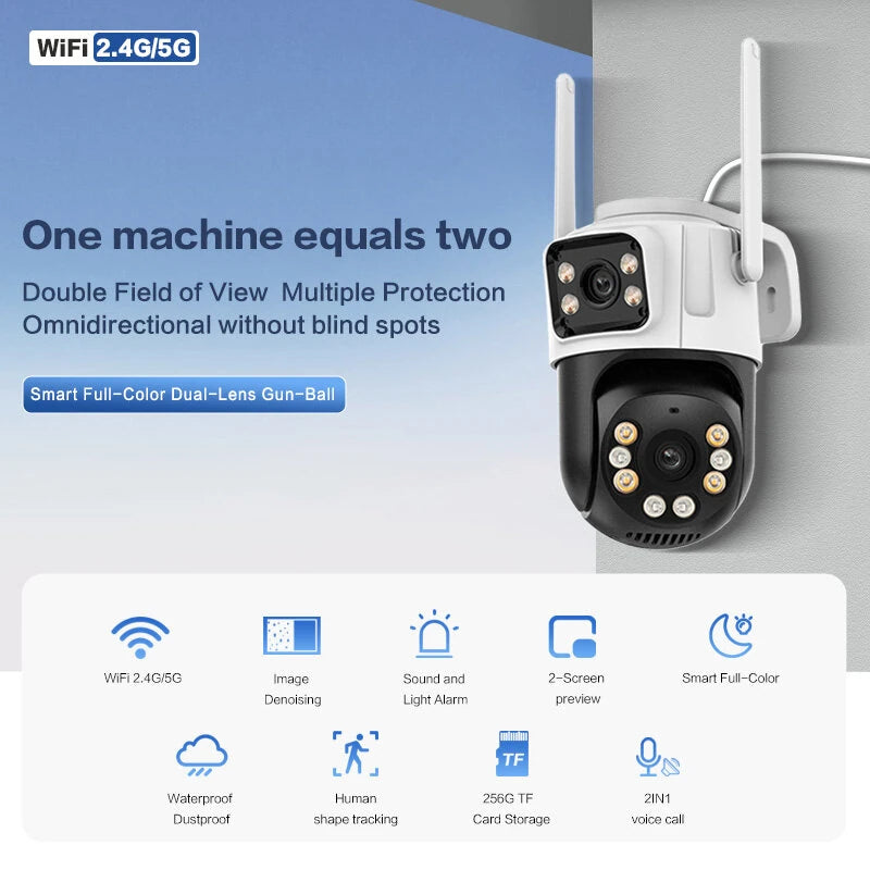 Guudgo 6MP HD Dual Lens Wireless Security Camera 360 Color Night Vision Human Motion Detect Two Way Audio Waterproof Design Surveillance CCTV Cameras