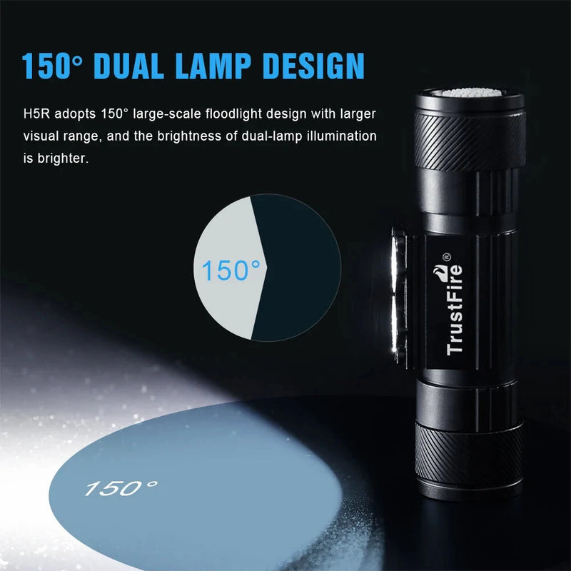 Trustfire H5R 600 Lumens Headlamp 150 Dual Lamp LED USB Rechargeable Headlights 180 Adjustable IP68 Head Torch 18650 Flashlights with Power Indicator for Outdoor Cycling Adventure Fishing