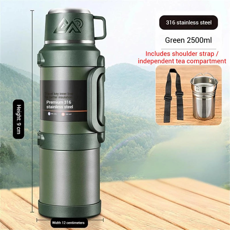 2.5L Vacuum Thermos Water Bottle 316 Stainless Steel Large Capacity Keep Warm Outdoor Travel Hiking Camping Traveling