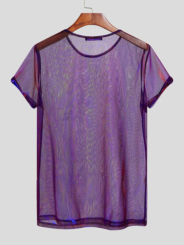Men Shiny Shimmer Sheer Mesh See Through Short Sleeve T-Shirt