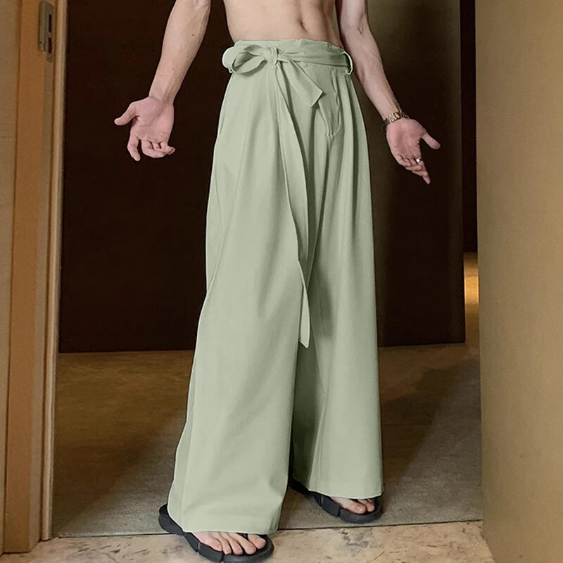 INCERUN Men Side Lace Up Solid Color Pants Button Zipper Wide Legged Trousers Loose Fit Casual Daily Men Pants Plus Size S-5XL