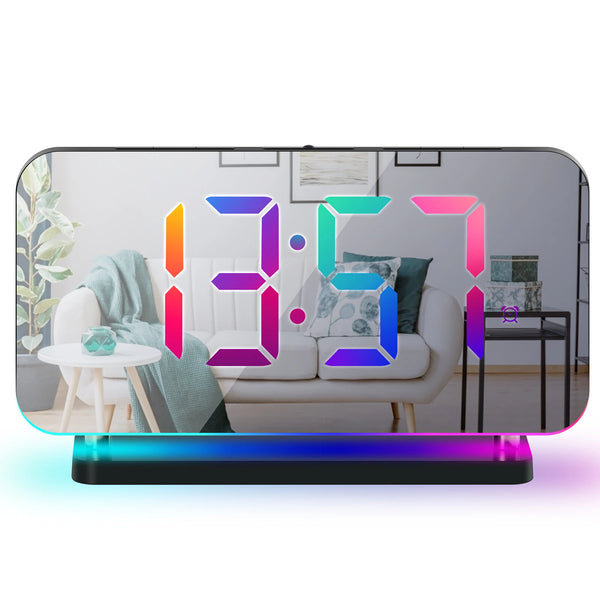 Large Screen Electronic LED Mirror Clock Colorful RGB Display Colorful Night Light Radio Projection Clock Led Electronic Clock Desktop Alarm Clock