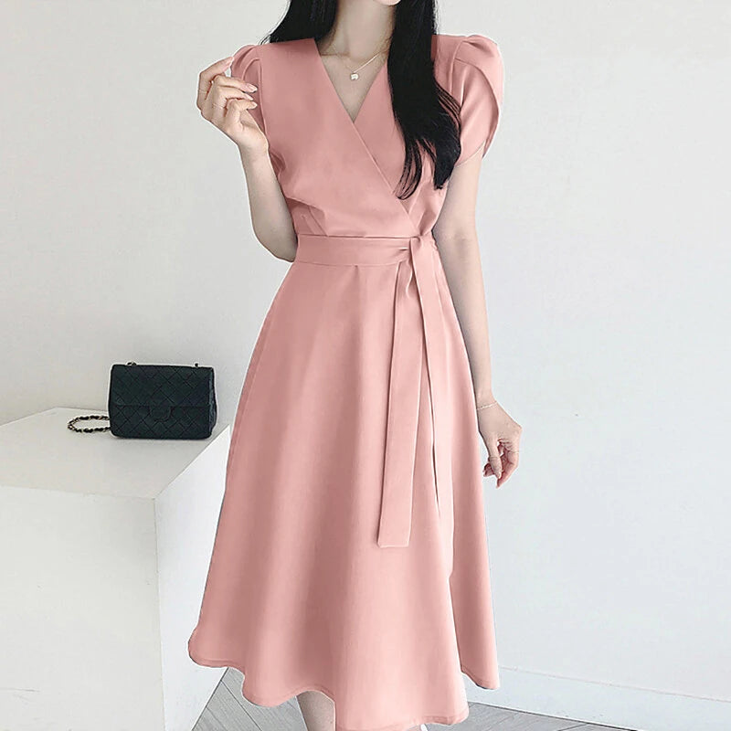 ZANZEA Womens Puff Sleeve V Neck Belted A Line Midi Dress Party Gown Long Dresses
