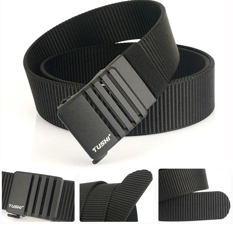 TUSHI 120cm Nylon Hard Tactical Belt for Men Metal Automatic Buckle Belt Military Belt for Outdoor Sports