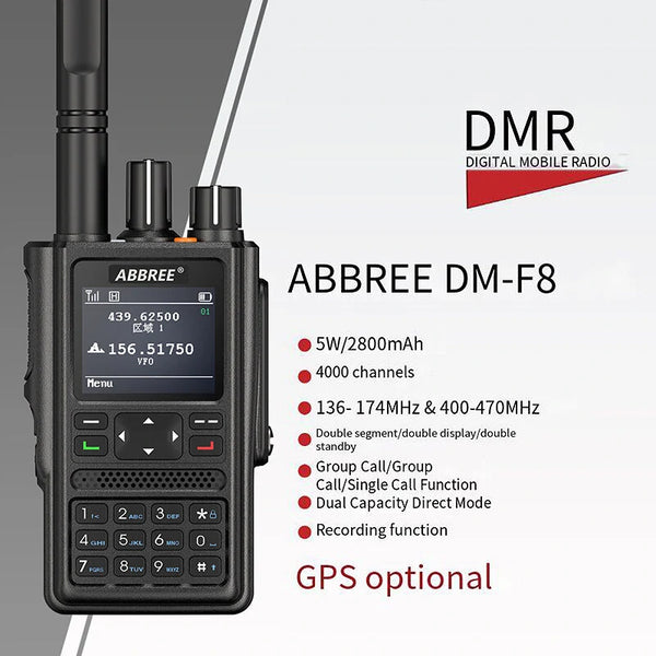 ABBREE DM-F8 GPS DMR UV Dual-Band Digital Walkie Talkie 5W High-power 4000 Channels 2800mAh Voice Recording Two Way Radio