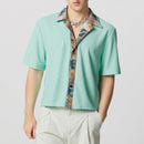 INCERUN Mens Textured Patchwork Cropped Short Sleeve Shirt Comfortable Fashion Solid Printed Edge Lapel Top