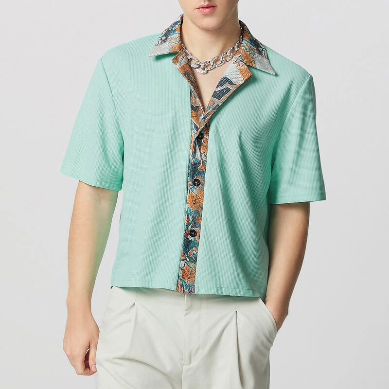 INCERUN Mens Textured Patchwork Cropped Short Sleeve Shirt Comfortable Fashion Solid Printed Edge Lapel Top