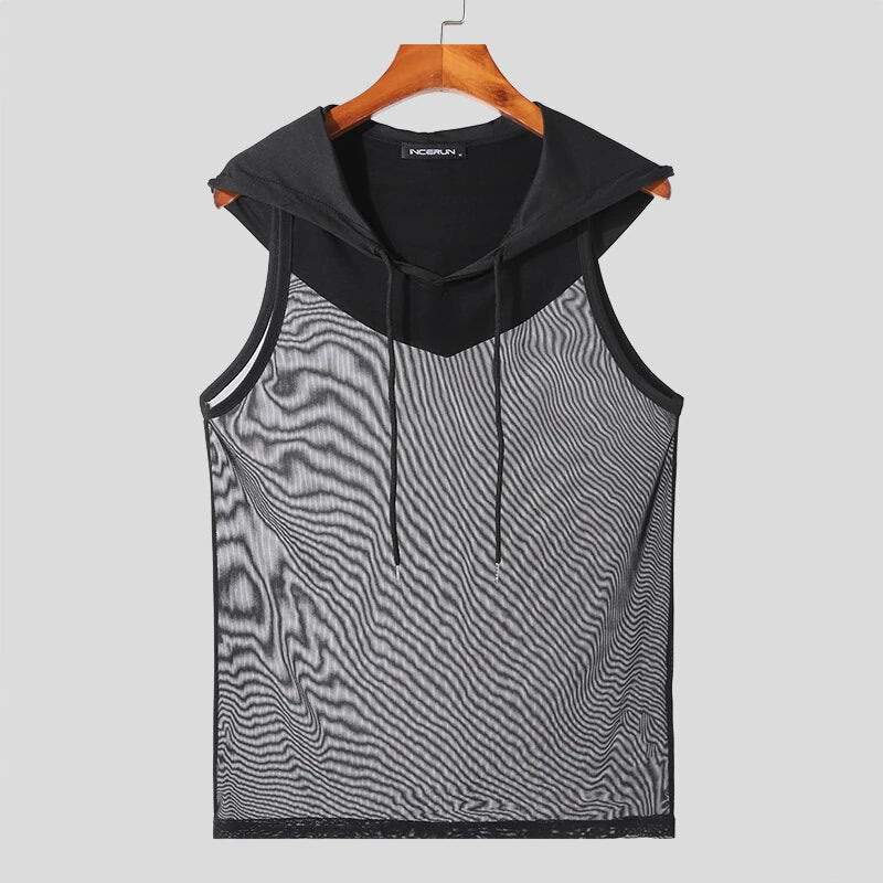 NCERUN Mens Tank Top Mesh Hooded See-Through Comfort Breathable Tanks
