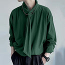 INCERUN Mens Solid Color Tie Design Long-Sleeve Shirt Fashion Casual Top Shirt for Male