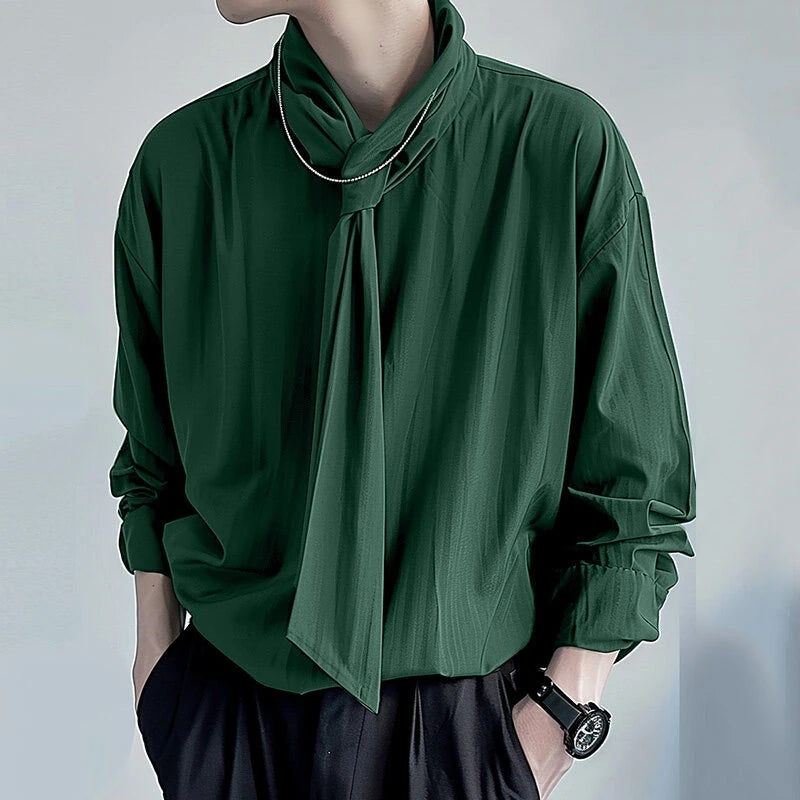 INCERUN Mens Solid Color Tie Design Long-Sleeve Shirt Fashion Casual Top Shirt for Male