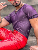 Men Shiny Shimmer Sheer Mesh See Through Short Sleeve T-Shirt