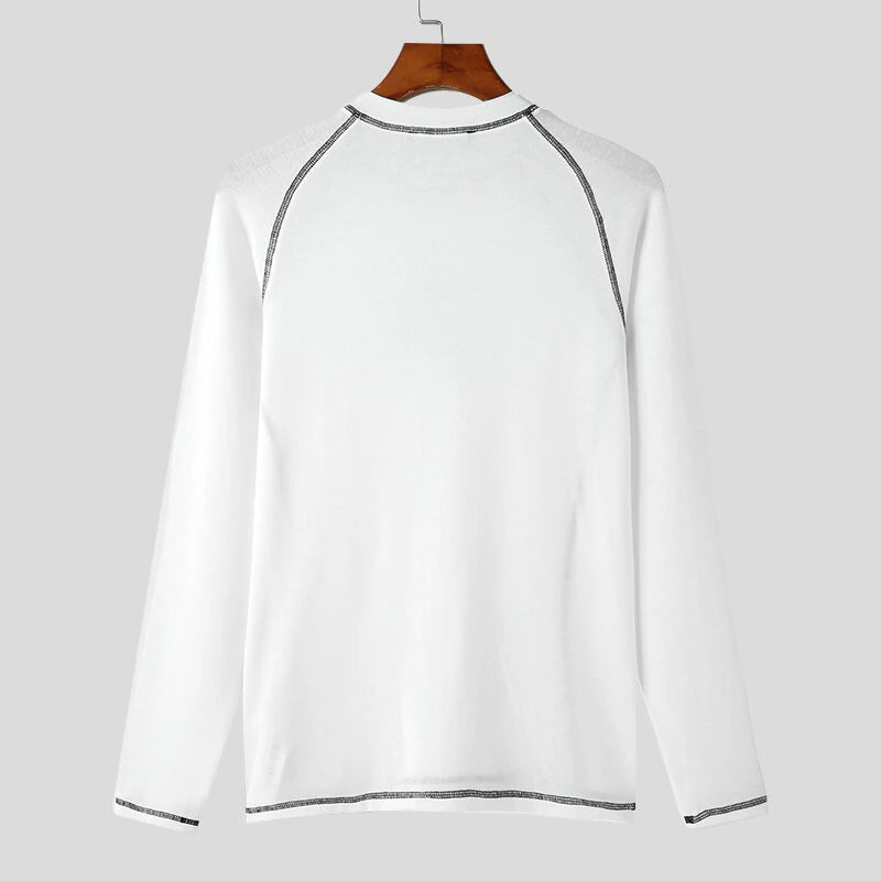 INCERUN Men Start Print White Tight T-shirt Fashion Stitching Crew Neck Long Sleeve White Top Tee for Men Plus Size, Spring Fall