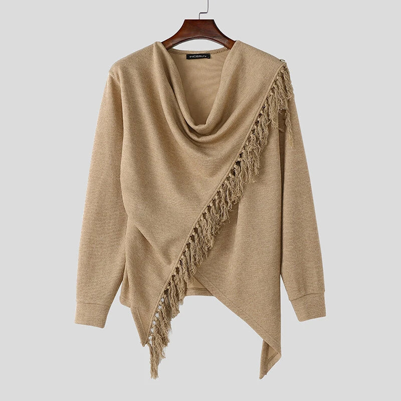 INCERUN Mens Knitted Fringe Cowl Neck Long Sleeve Cardigan Solid Color Fashion Tops for Male S-5XL