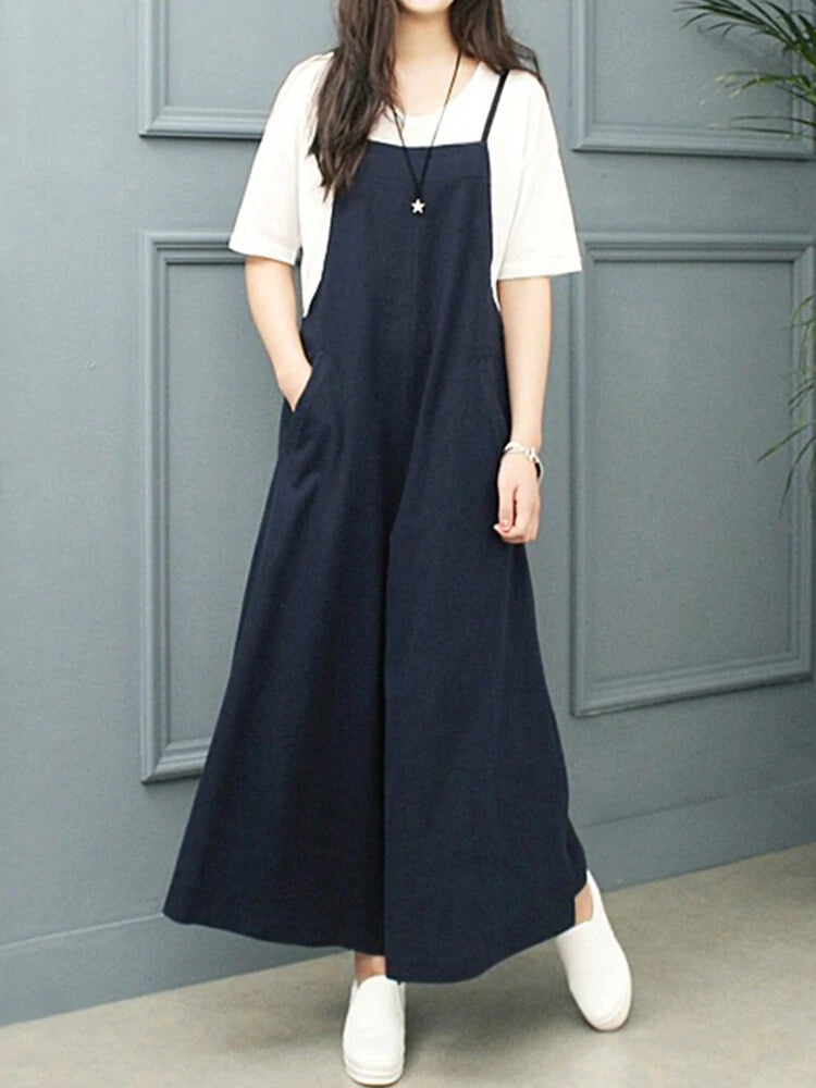 ZANZEA Plus Size Women Overalls Bib Pants Loose Pockets Jumpsuit