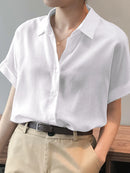 ZANZEA Women Cotton Linen Blouses Solid Button Lapel Roll Sleeve Short Sleeve Casual Shirt Plus Size