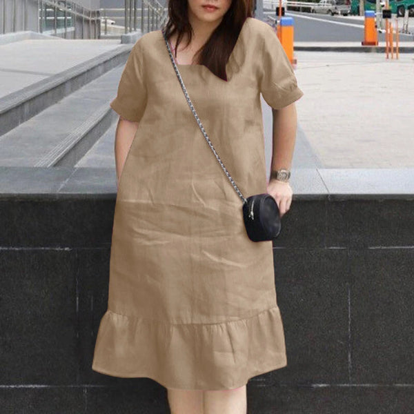 ZANZEA Women's Dresses Summer Vintage Casual Lantern Sleeve Ruffled Trim Square Neck Loose Solid Dress