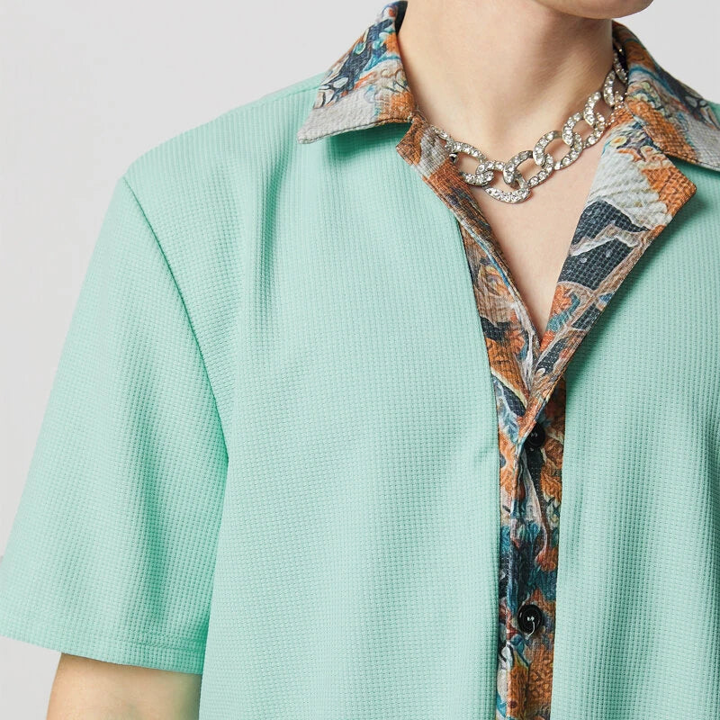 INCERUN Mens Textured Patchwork Cropped Short Sleeve Shirt Comfortable Fashion Solid Printed Edge Lapel Top