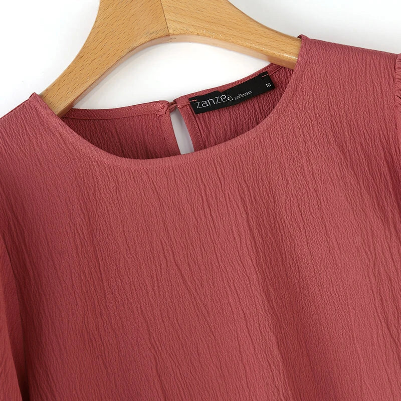 ZANZEA Women's Blouse Casual Lantern Sleeve Round Neck Shirt Plain Party Commute Pullover Tops